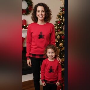 Red Long Sleeve T-shirt Handmade Top with Buffalo Plaid Ginger Bread Accent